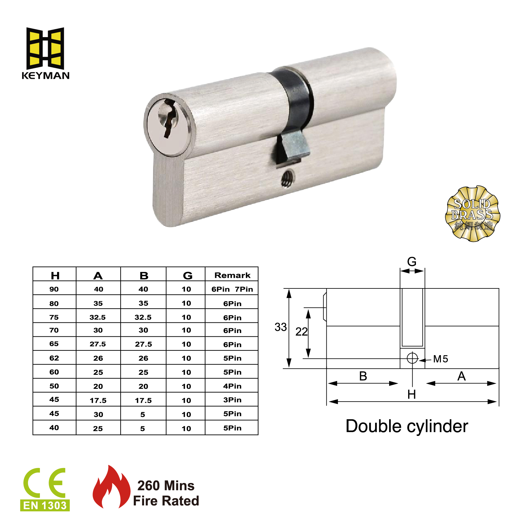 KEYMAN EN 1303 High Security Double Euro Profile Cylinder - 70mm